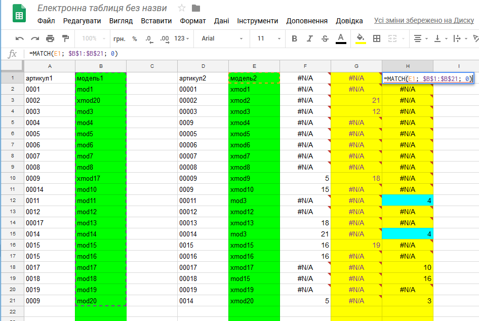 Використовуємо формулу "=MATCH(B1; $E$1:$E$21; 0)" в зворотньому напрямку, тобто "=MATCH(E1; $B$1:$B$21; 0)"